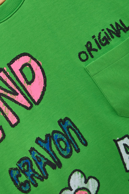 Auraa Crayon Archive - Doodle Art & U-Line Pocket Oversized Graphic T-Shirt (Green)