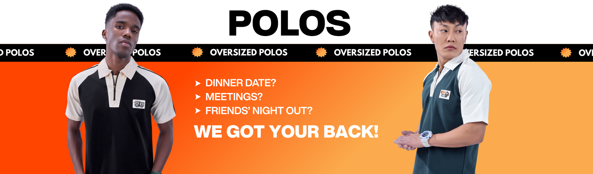 Collection banner of Oversized Polos with two men wearing polos on an orange and black background