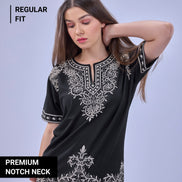 Auraa Woven Legacy - Ethnic Fusion Embroidered Notch Neck T-Shirt (Black)