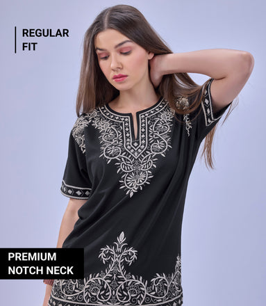 Auraa Woven Legacy - Ethnic Fusion Embroidered Notch Neck T-Shirt (Black)