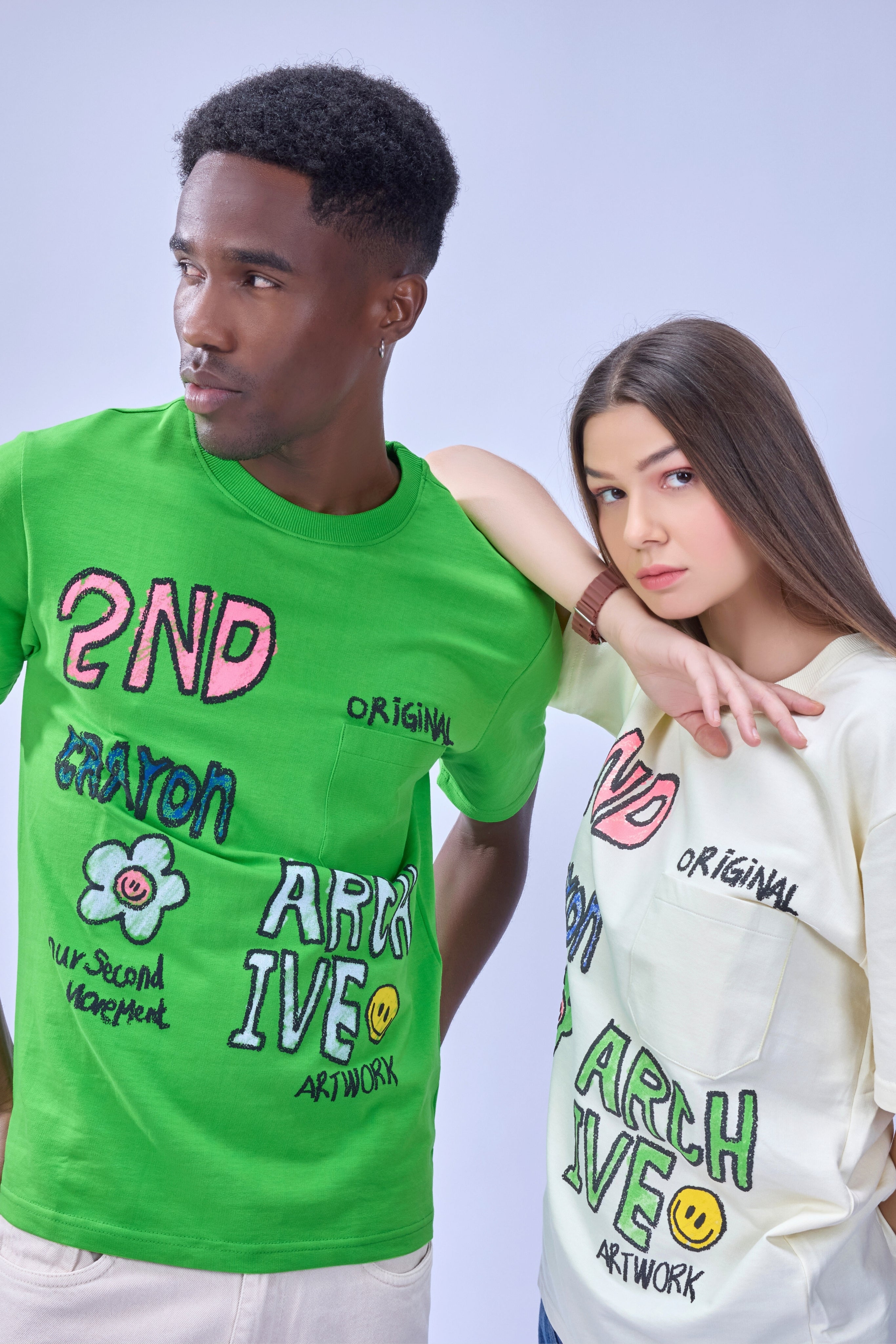 Auraa Crayon Archive - Doodle Art & U-Line Pocket Oversized Graphic T-Shirt (Green)