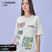 Auraa Crayon Archive - Doodle Art & U-Line Pocket Oversized Graphic T-Shirt (Off-White)