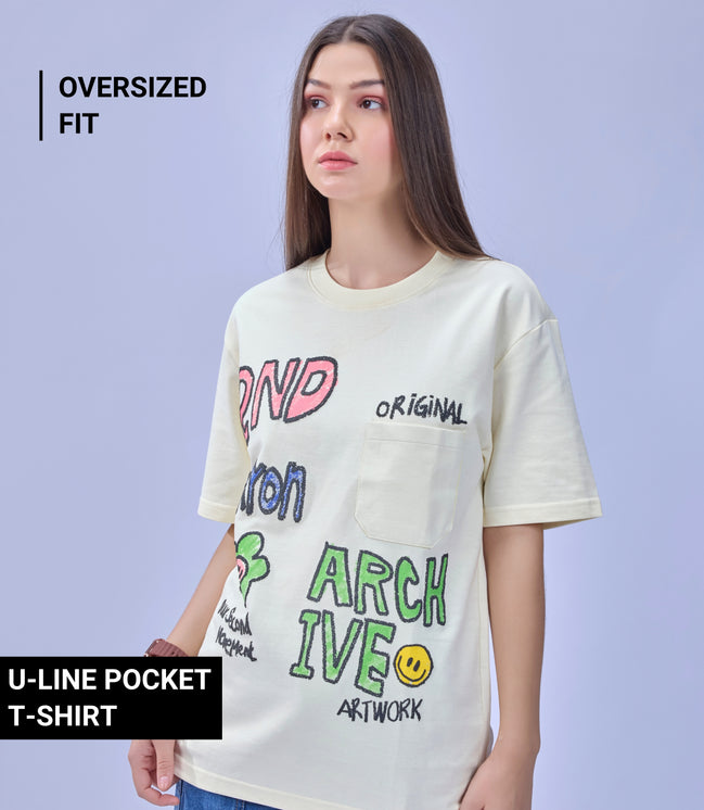 Auraa Crayon Archive - Doodle Art & U-Line Pocket Oversized Graphic T-Shirt (Off-White)