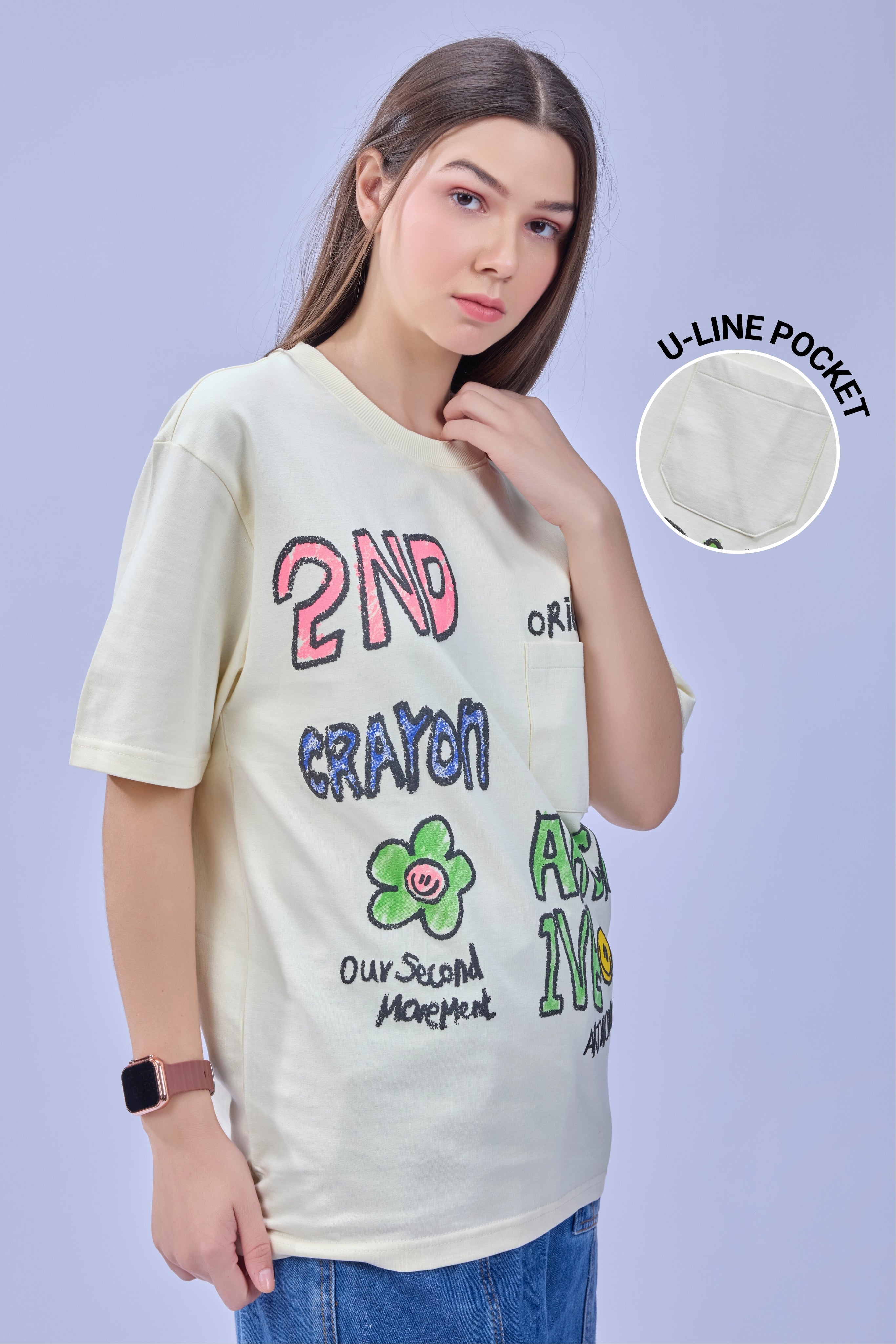 Auraa Crayon Archive - Doodle Art & U-Line Pocket Oversized Graphic T-Shirt (Off-White)