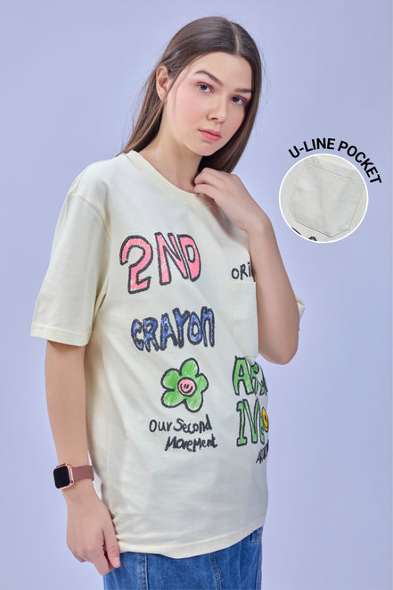 Auraa Crayon Archive - Doodle Art & U-Line Pocket Oversized Graphic T-Shirt (Off-White)