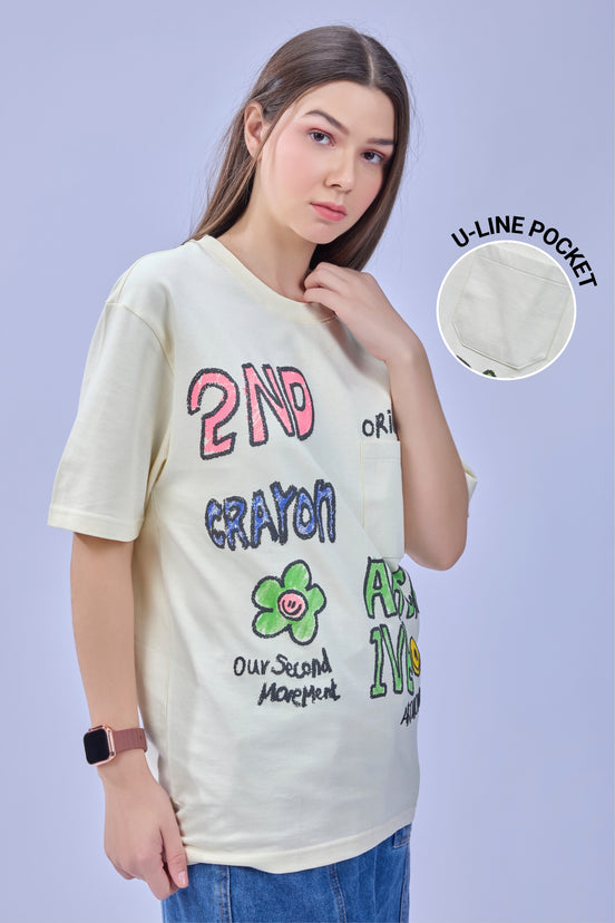 Auraa Crayon Archive - Doodle Art & U-Line Pocket Oversized Graphic T-Shirt (Off-White)
