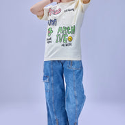 Auraa Crayon Archive - Doodle Art & U-Line Pocket Oversized Graphic T-Shirt (Off-White)