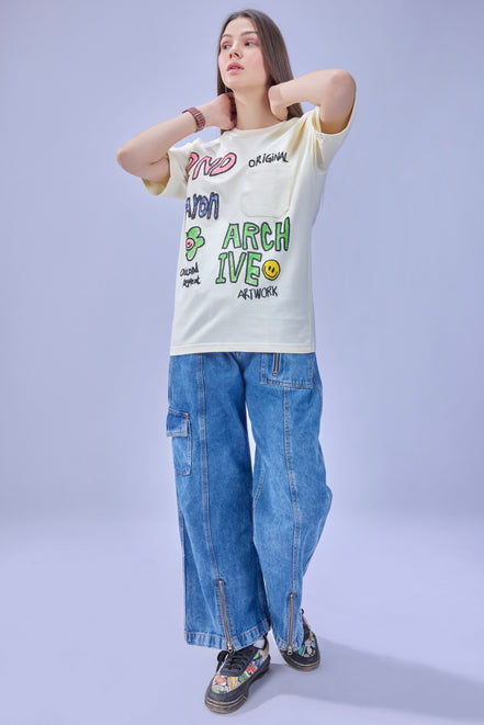 Auraa Crayon Archive - Doodle Art & U-Line Pocket Oversized Graphic T-Shirt (Off-White)