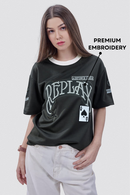 Auraa Replay - Oversized Embroidered T-Shirt (Green)