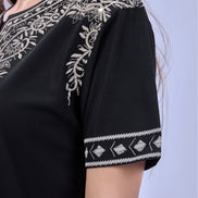 Auraa Woven Legacy - Ethnic Fusion Embroidered Notch Neck T-Shirt (Black)