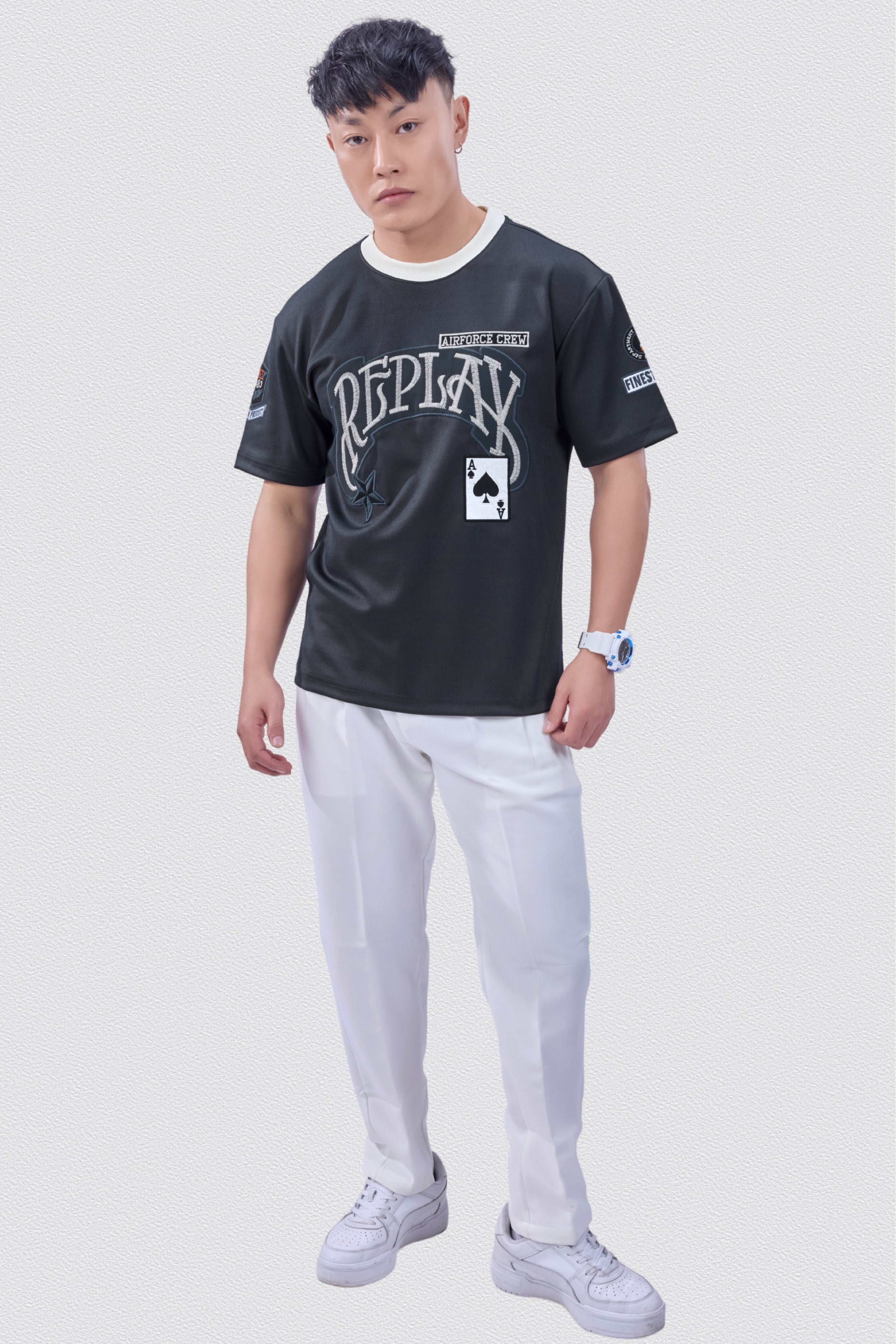 Auraa Replay - Oversized Embroidered T-Shirt (Gray)