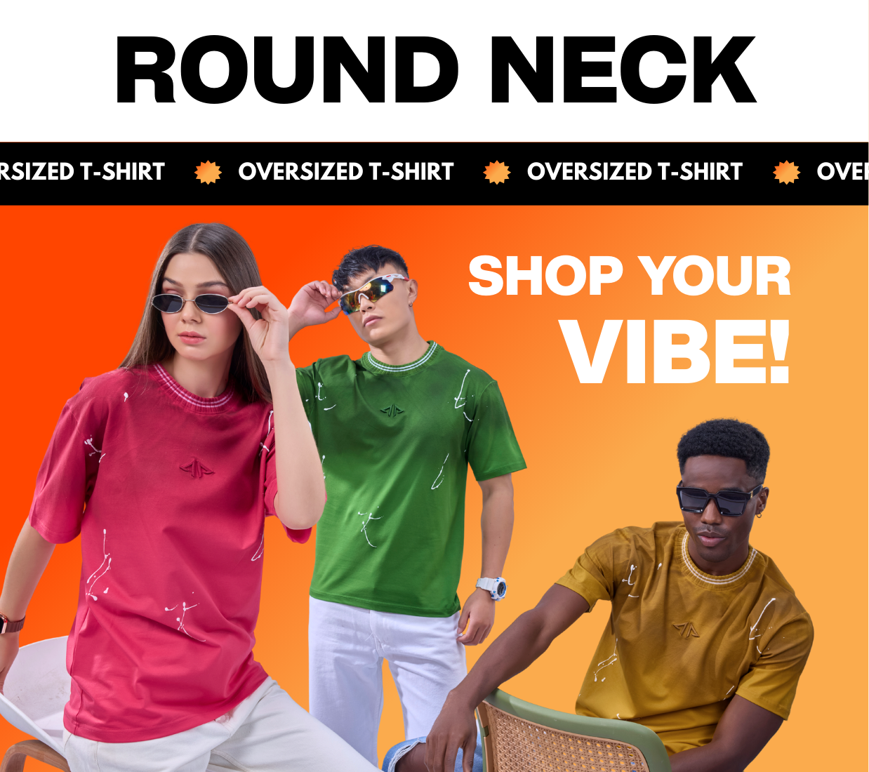 Mobile collection banner for Oversized Round Neck t-shirts with three people wearing oversized t-shirts on an orange background