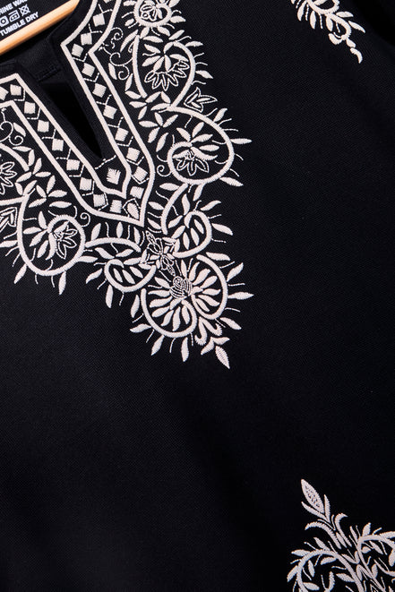 Auraa Woven Legacy - Ethnic Fusion Embroidered Notch Neck T-Shirt (Black)