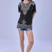 Auraa Woven Legacy - Ethnic Fusion Embroidered Notch Neck T-Shirt (Black)