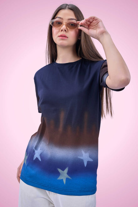 Auraa Stardust - Airbrush Gradient Graphic T-Shirt (Navy Blue)