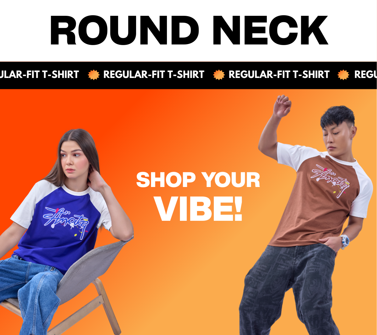 Mobile collection banner for Regular Fit Round Neck T-Shirts with two people wearing t-shirts on an orange background.