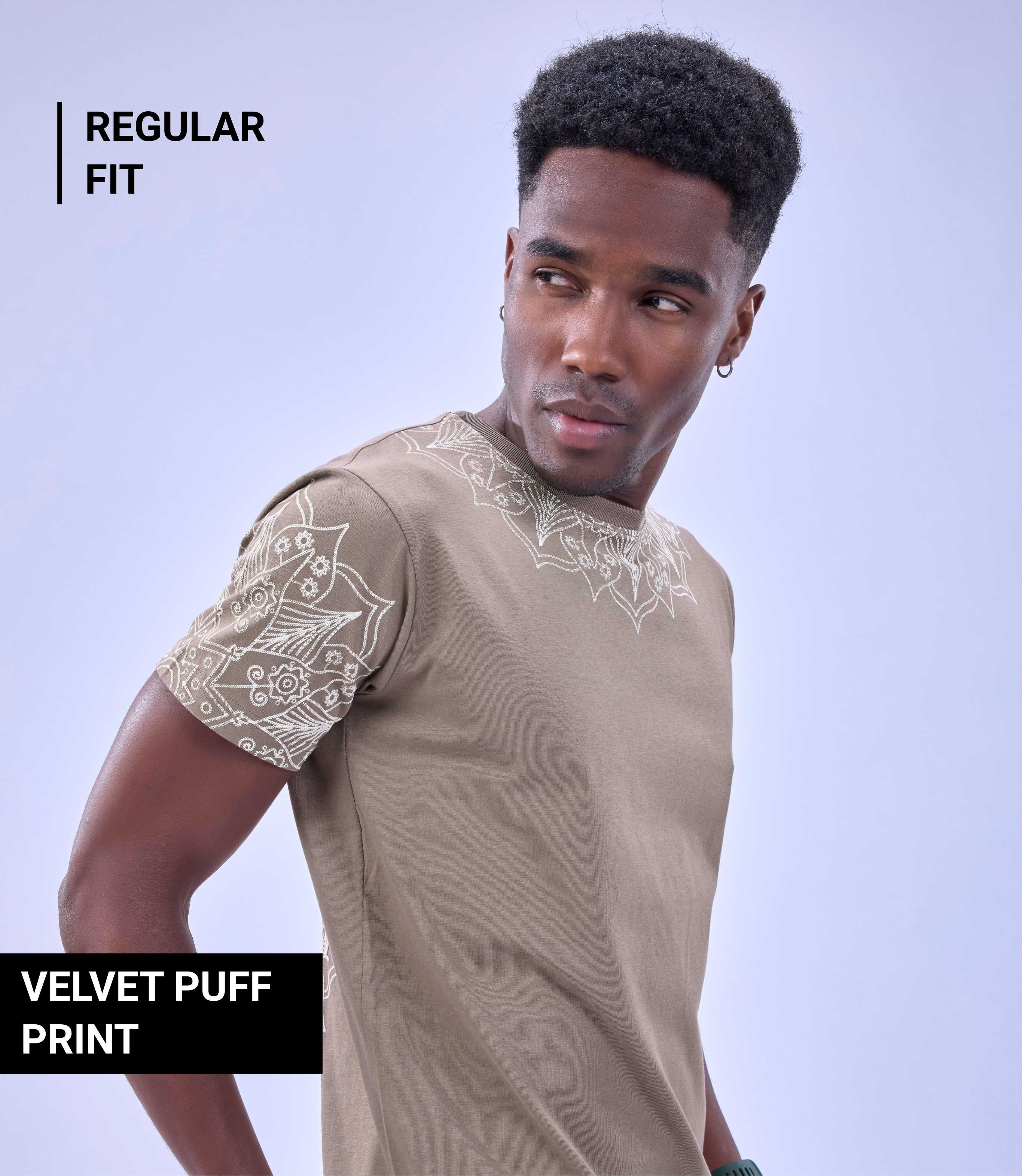 Auraa Simple Things - Velvet Puff Print Regular Fit Graphic T-Shirt (Beige)