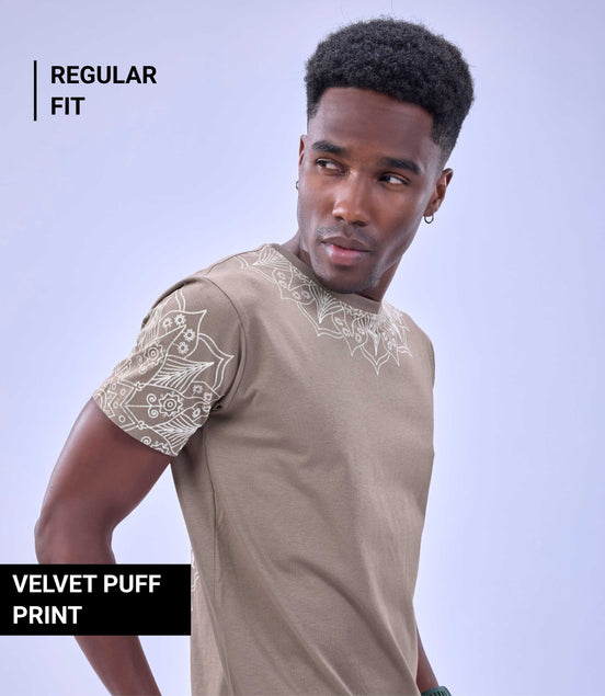 Auraa Simple Things - Velvet Puff Print Regular Fit Graphic T-Shirt (Beige)