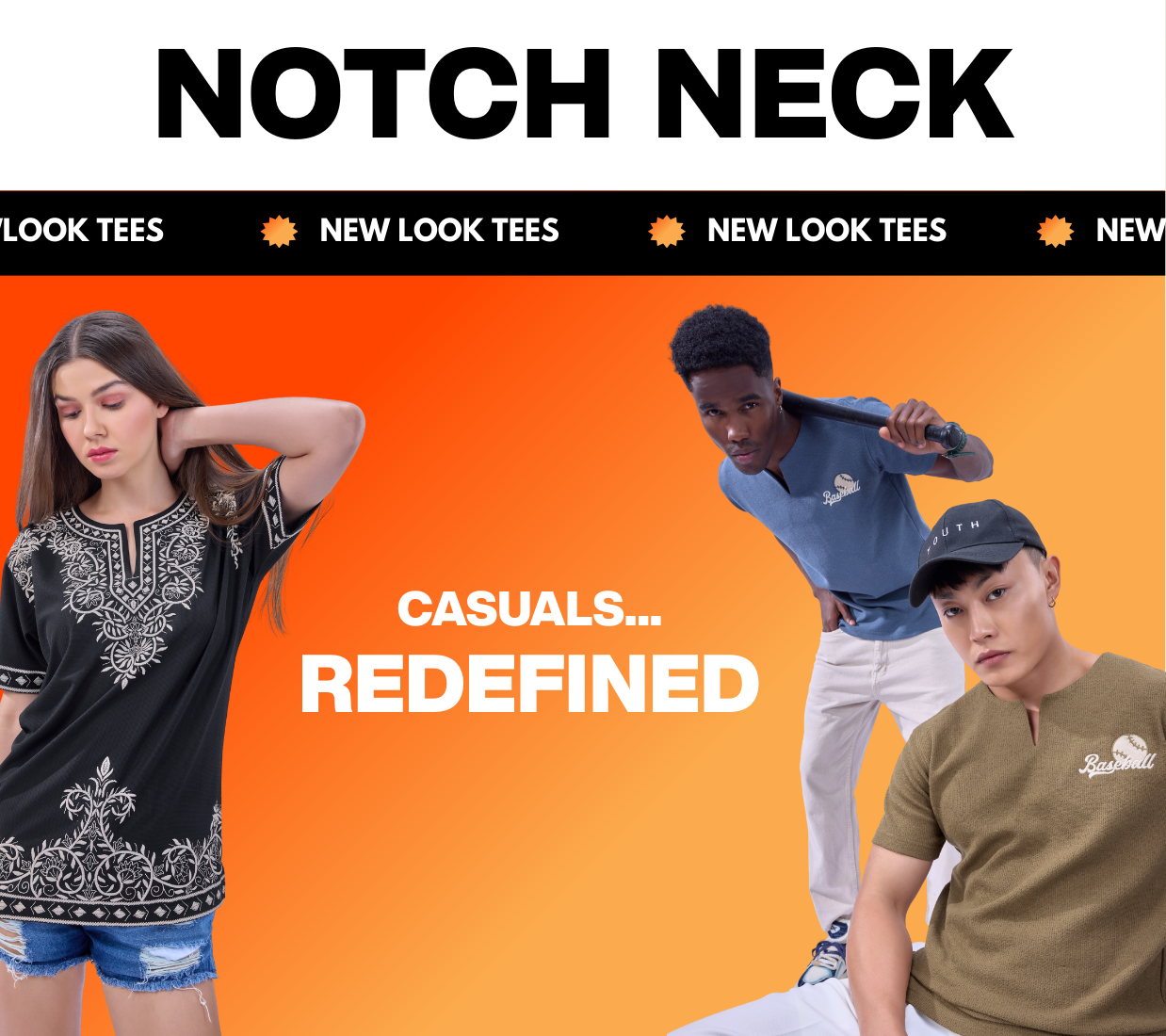 Mobile collection banner for 'Notch Neck' clothing with three people wearing different notch neck t-shirts on an orange background.