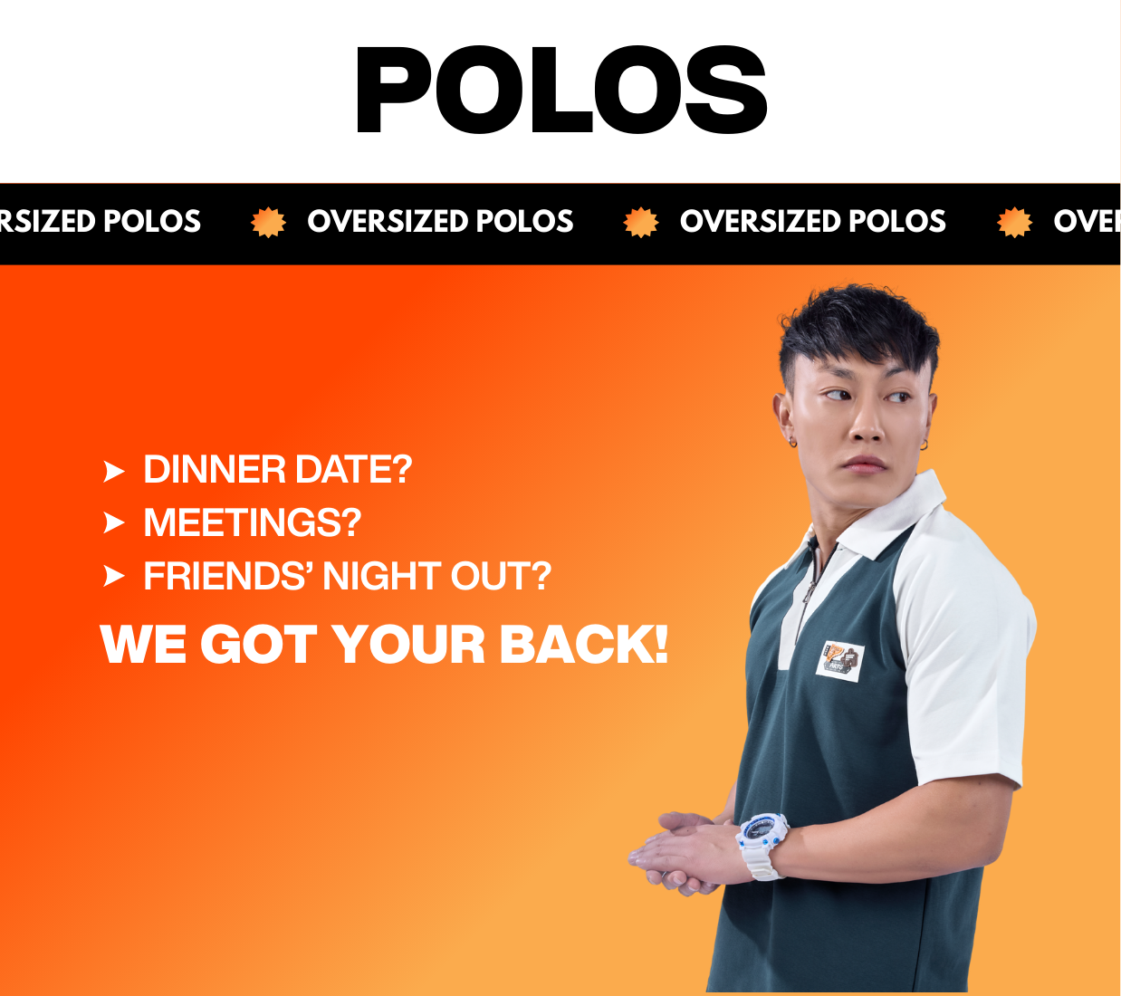 Mobile collection banner for oversized polos with a person wearing a polo t-shirt on an orange background.