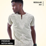 Auraa Woven Legacy - Ethnic Fusion Embroidered Notch Neck T-Shirt (Green)