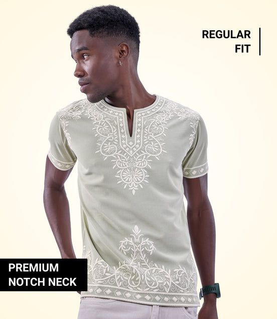 Auraa Woven Legacy - Ethnic Fusion Embroidered Notch Neck T-Shirt (Green)