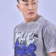 Auraa Bubble Pop - Puff Print Distressed Oversized T-Shirt (Blue)