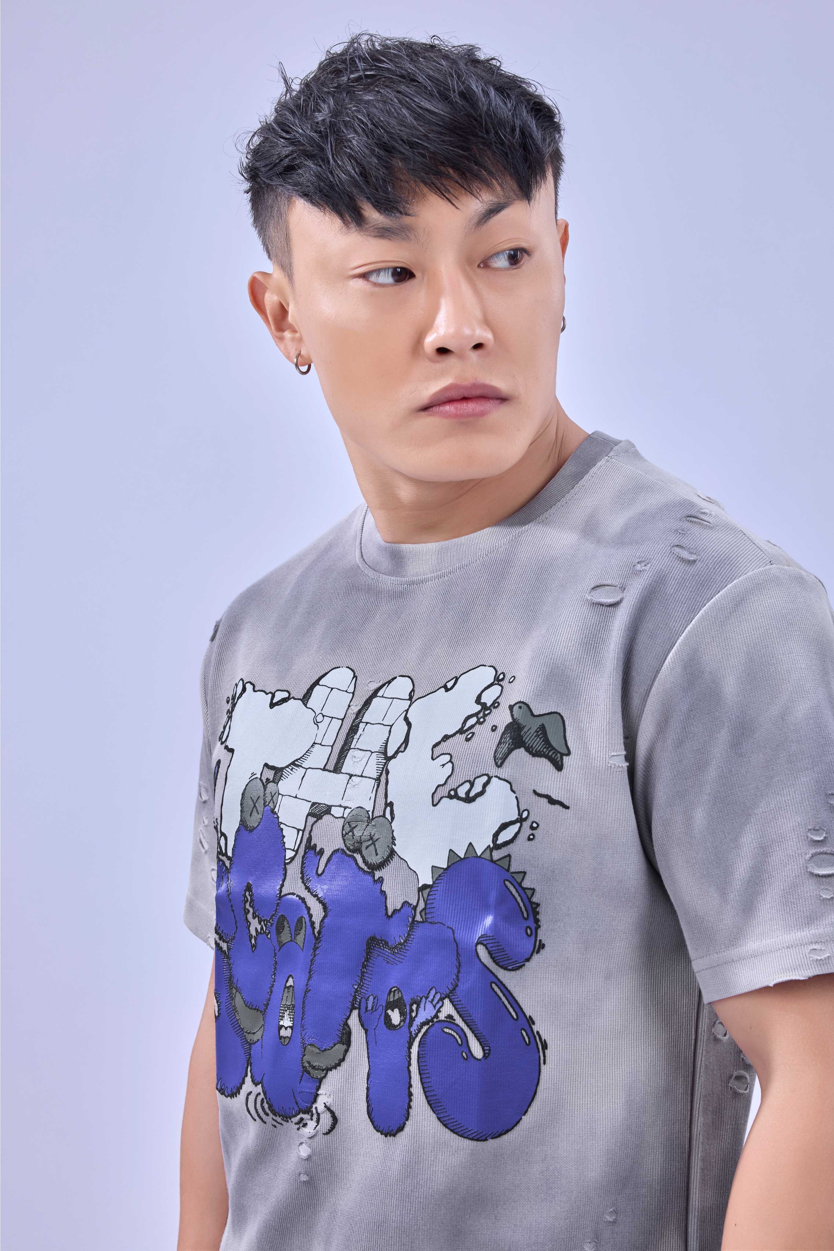 Auraa Bubble Pop - Puff Print Distressed Oversized T-Shirt (Blue)