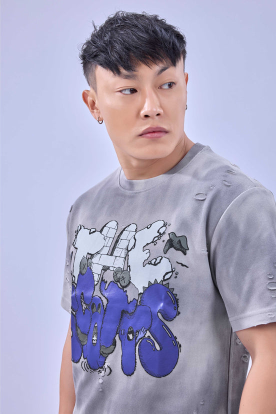 Auraa Bubble Pop - Puff Print Distressed Oversized T-Shirt (Blue)