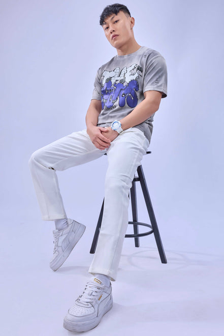 Auraa Bubble Pop - Puff Print Distressed Oversized T-Shirt (Blue)