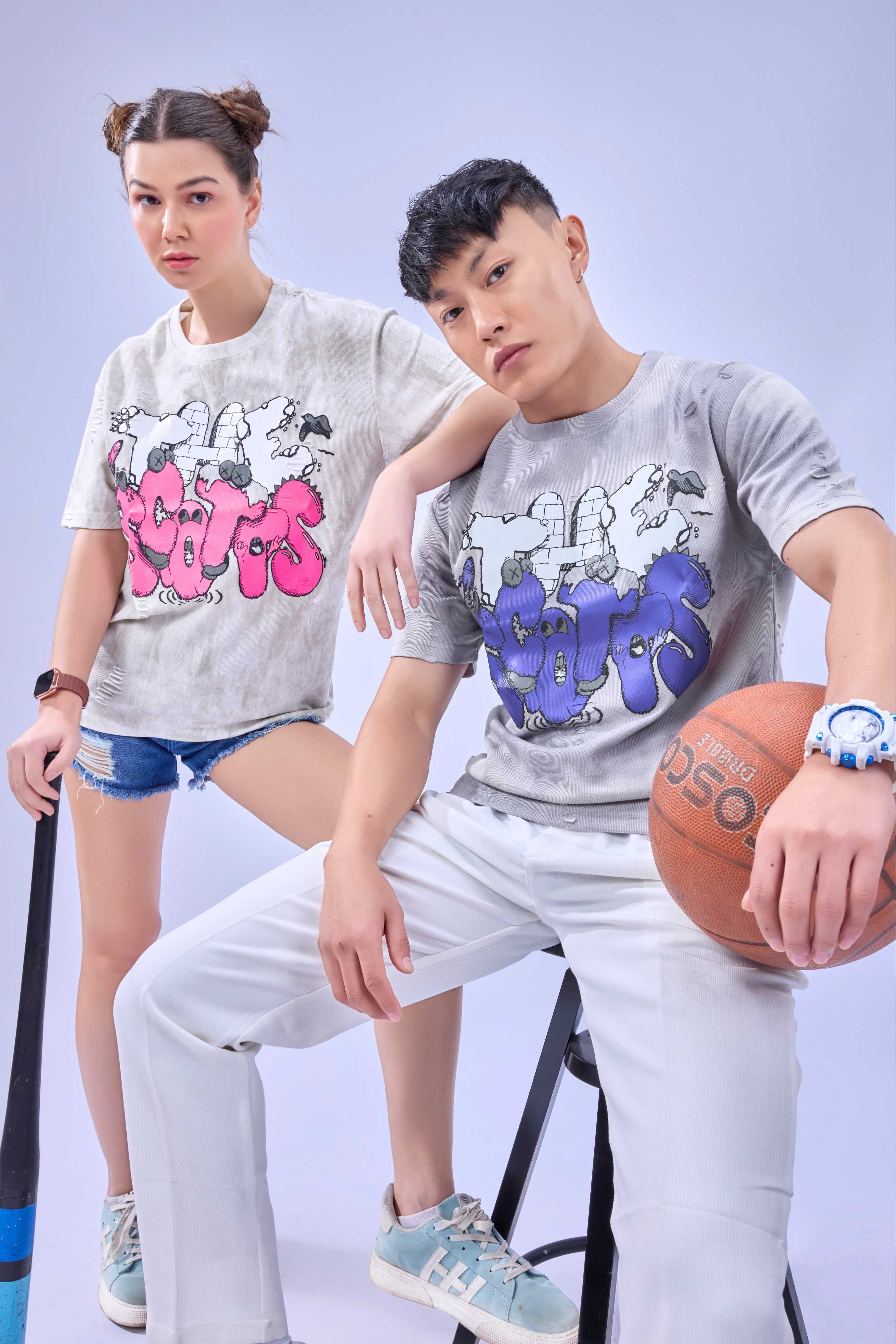 Auraa Bubble Pop - Puff Print Distressed Oversized T-Shirt (Blue)