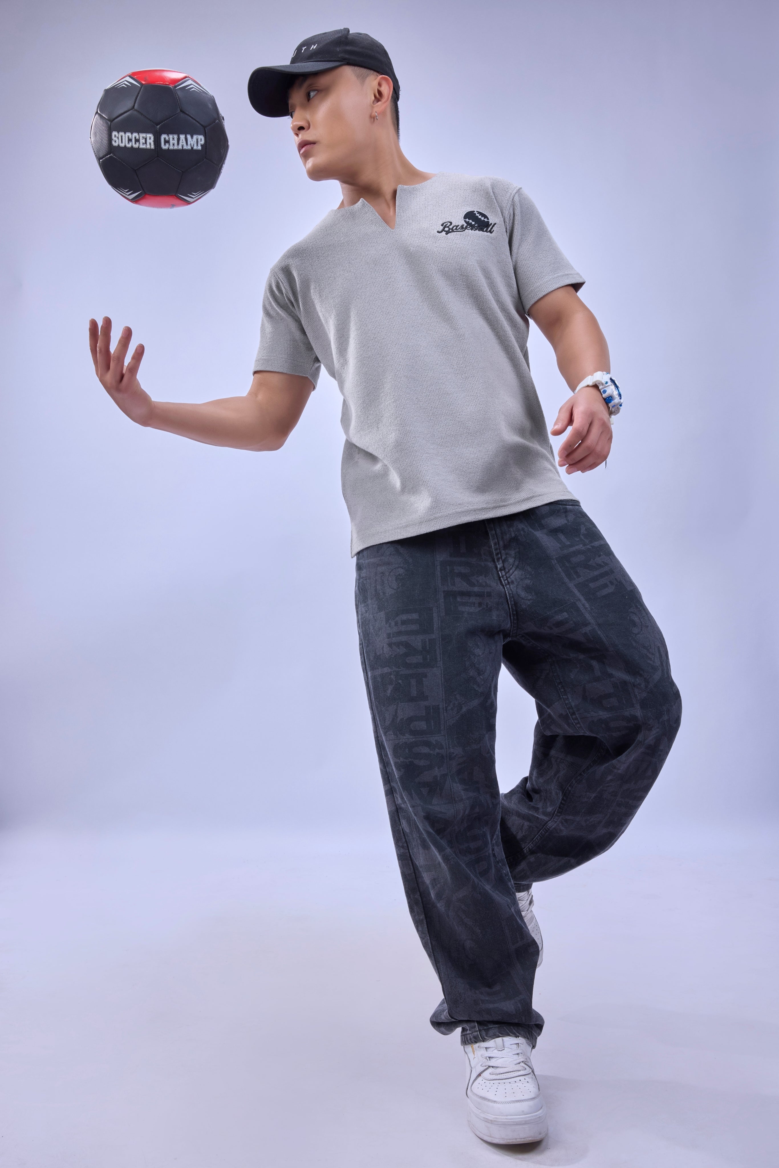 Auraa MVP - Textured & Embroidered Notch Neck T-Shirt (Gray)