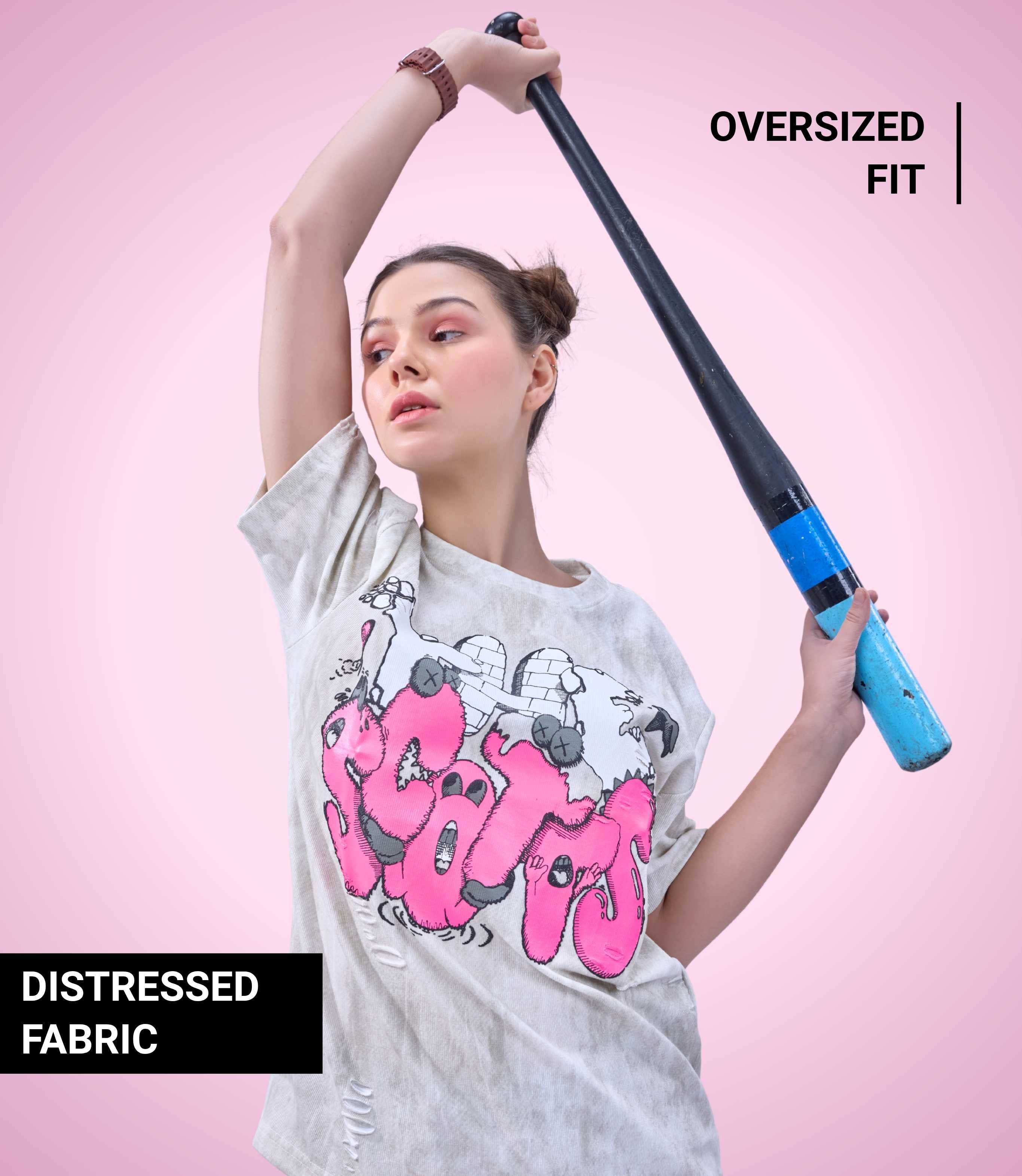 Auraa Bubble Pop - Puff Print Distressed Oversized T-Shirt (Pink)