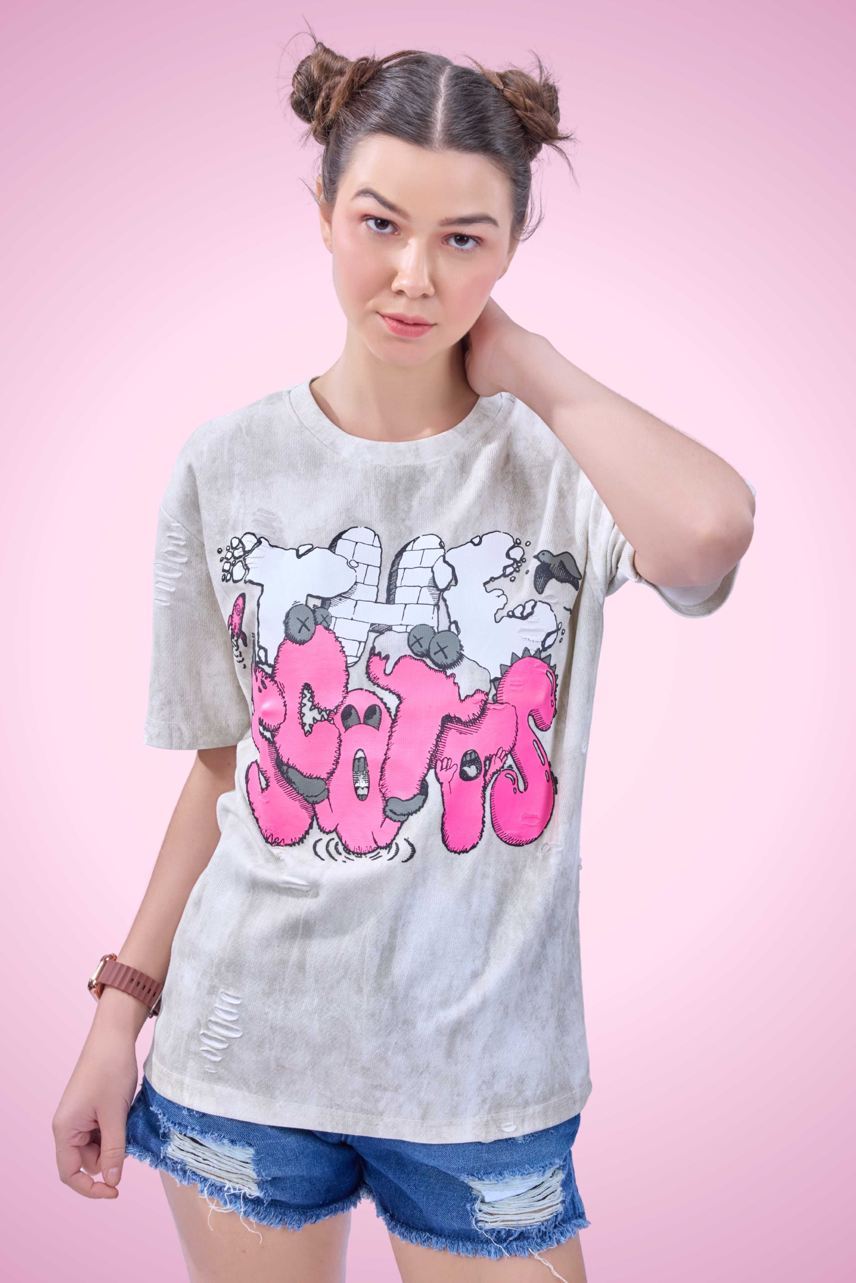 Auraa Bubble Pop - Puff Print Distressed Oversized T-Shirt (Pink)