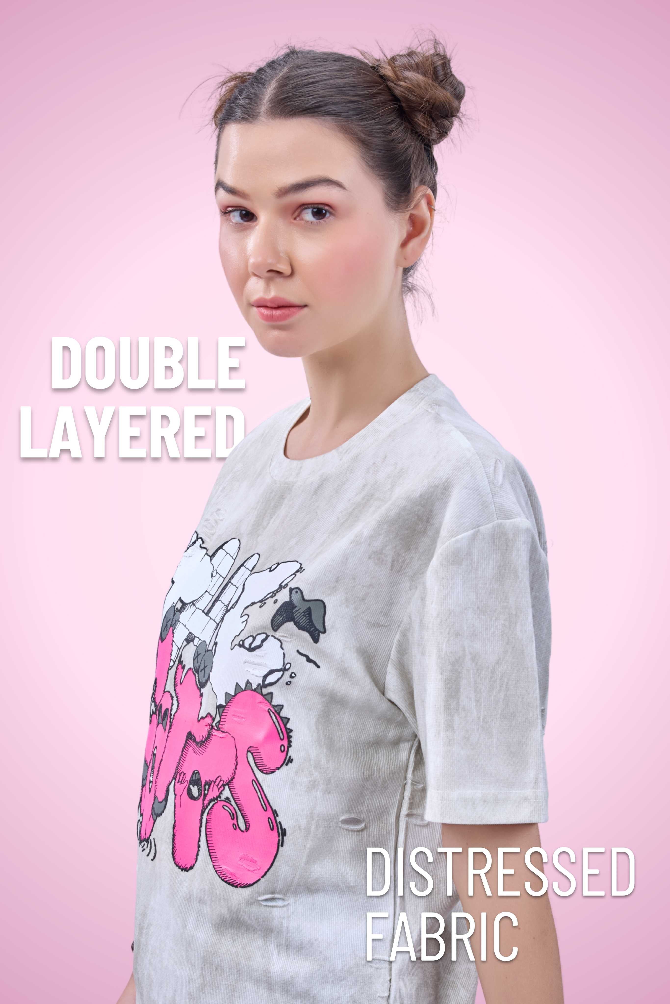 Auraa Bubble Pop - Puff Print Distressed Oversized T-Shirt (Pink)