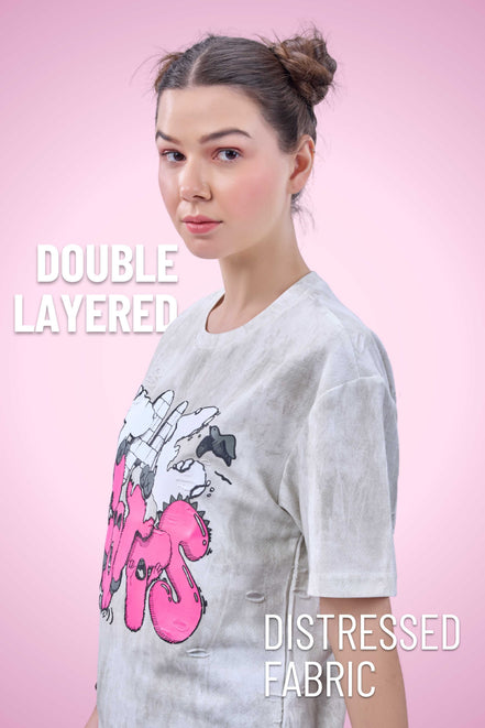 Auraa Bubble Pop - Puff Print Distressed Oversized T-Shirt (Pink)