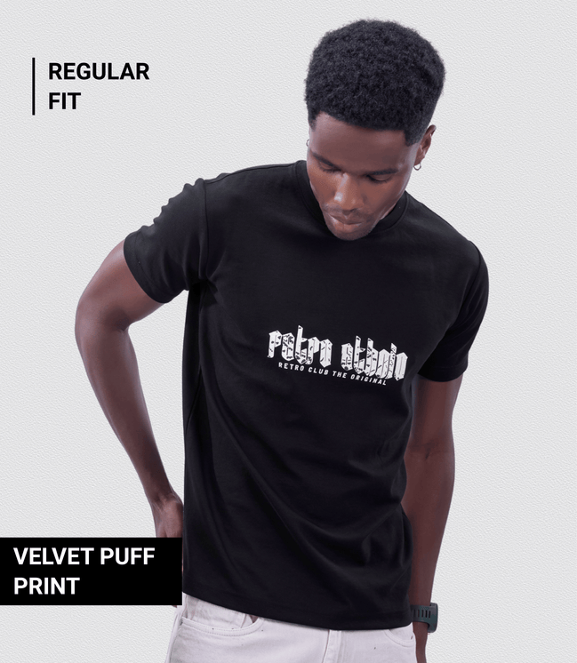 Auraa Retro Ethnic - Velvet Puff Print T-Shirt (Black)