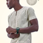 Auraa Woven Legacy - Ethnic Fusion Embroidered Notch Neck T-Shirt (Green)