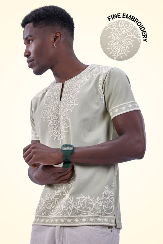 Auraa Woven Legacy - Ethnic Fusion Embroidered Notch Neck T-Shirt (Green)