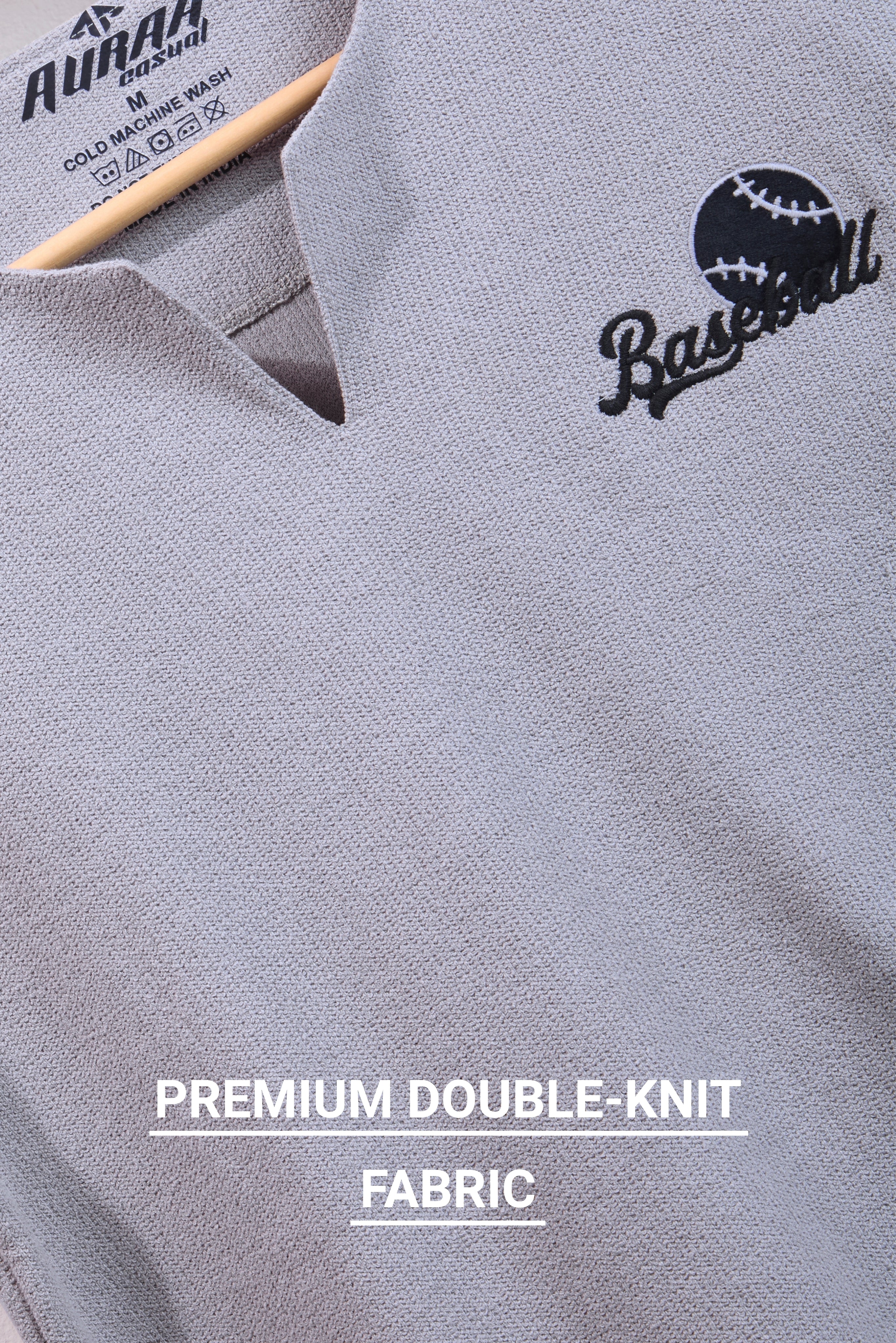 Auraa MVP - Textured & Embroidered Notch Neck T-Shirt (Gray)