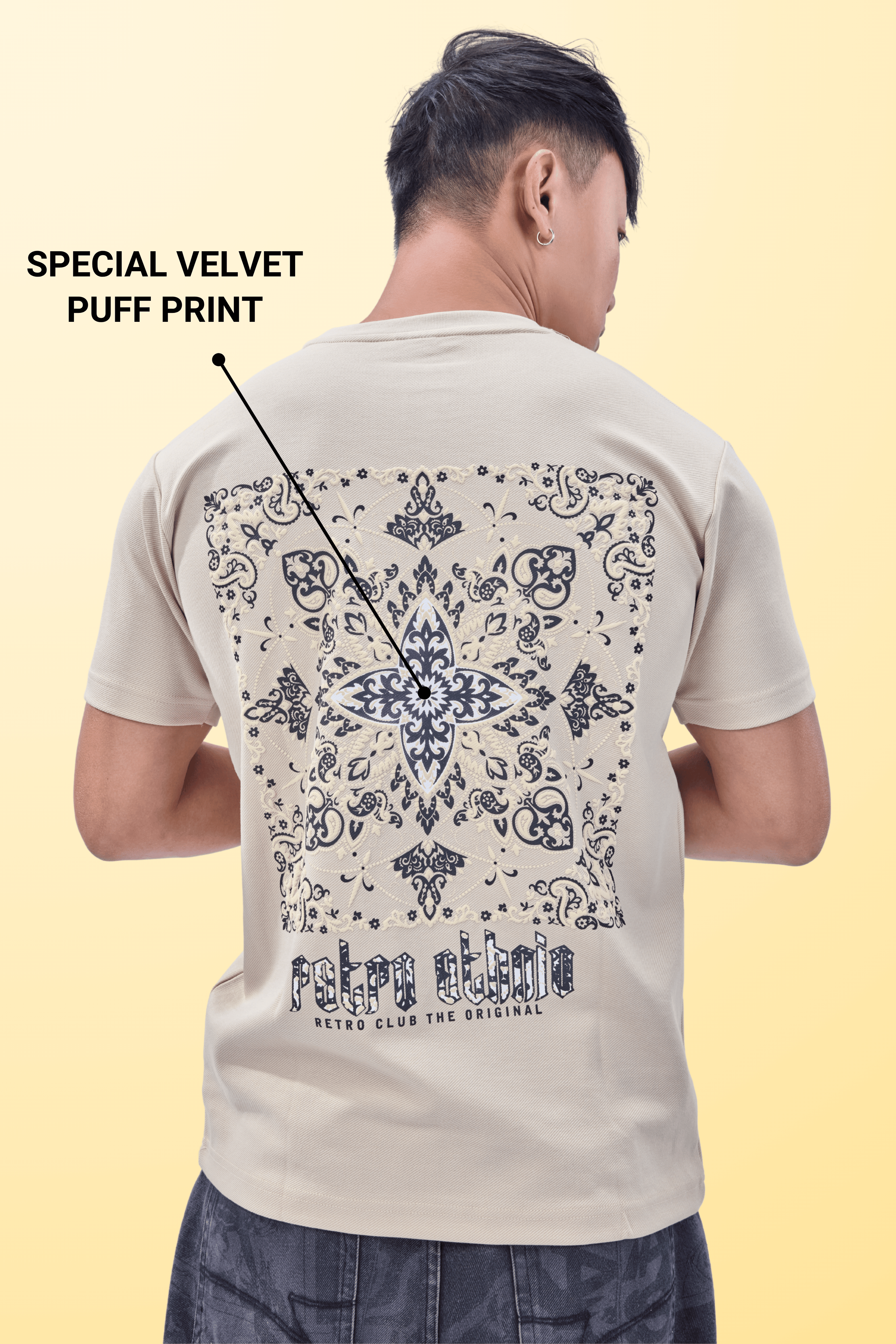 Auraa Retro Ethnic - Velvet Puff Print T-Shirt (Beige)