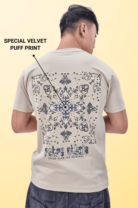 Auraa Retro Ethnic - Velvet Puff Print T-Shirt (Beige)