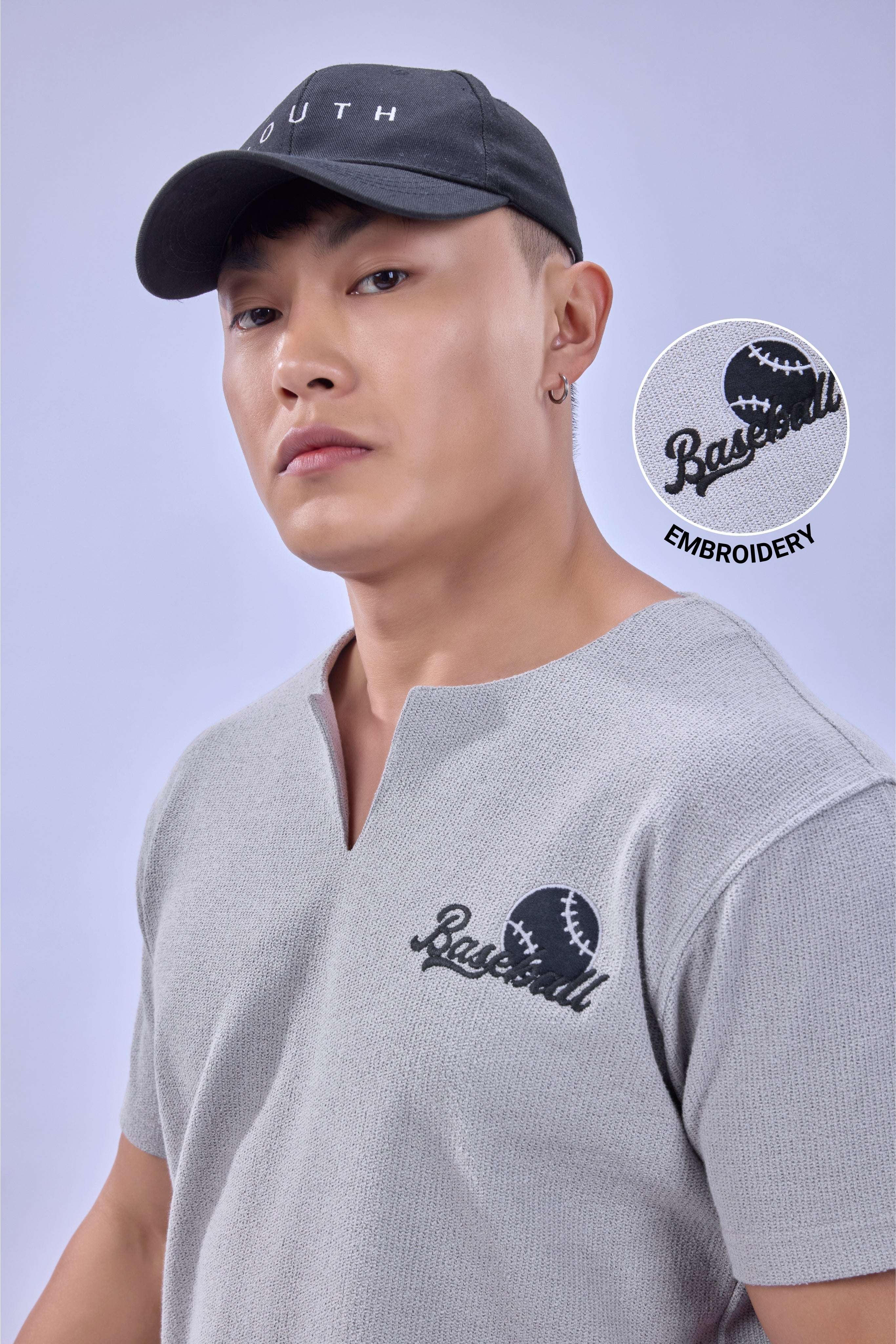 Auraa MVP - Textured & Embroidered Notch Neck T-Shirt (Gray)