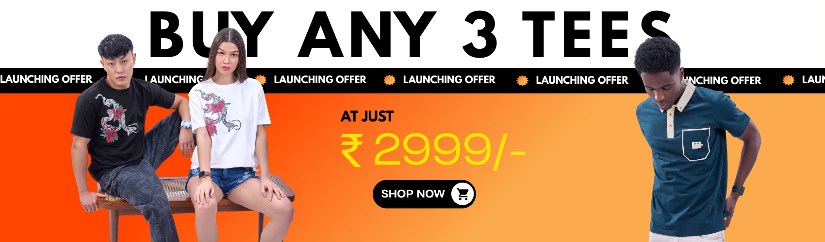 Desktop promotional banner for buying three 'Auraa Casuals' t-shirts at a discounted price of four two thousand nine hundred and ninety nine rupees. People sitting and standing in front of an orange background.