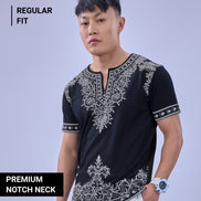 Auraa Woven Legacy - Ethnic Fusion Embroidered Notch Neck T-Shirt (Navy)