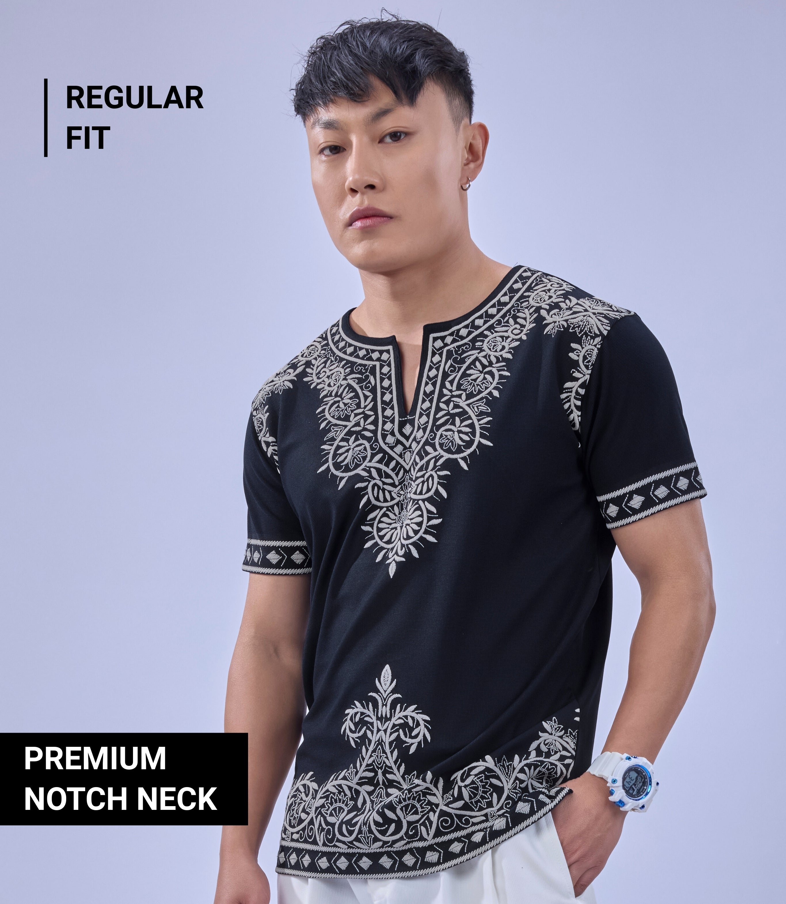 Auraa Woven Legacy - Ethnic Fusion Embroidered Notch Neck T-Shirt (Navy)