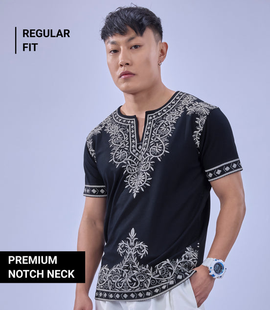 Auraa Woven Legacy - Ethnic Fusion Embroidered Notch Neck T-Shirt (Navy)