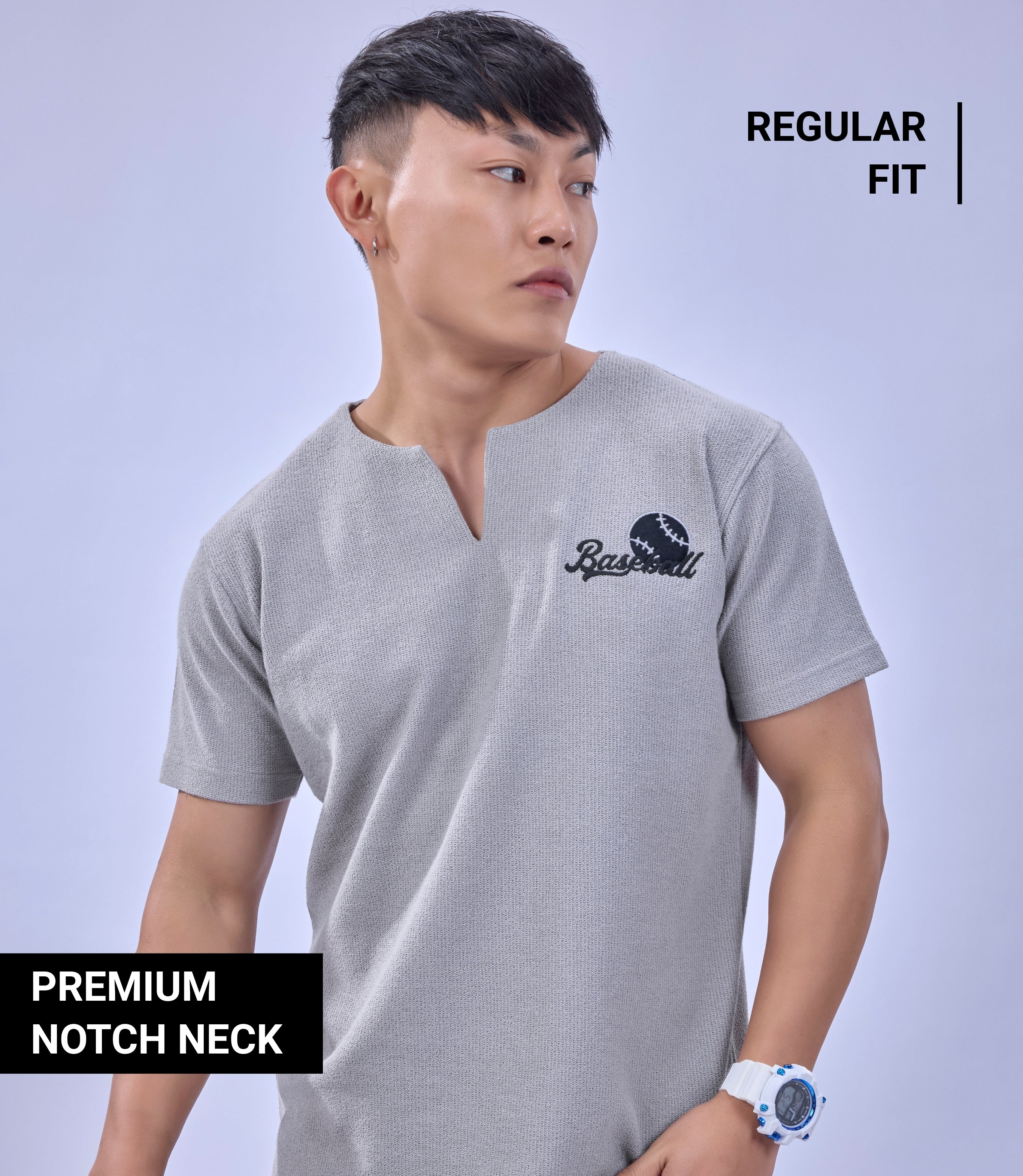 Auraa MVP - Textured & Embroidered Notch Neck T-Shirt (Gray)