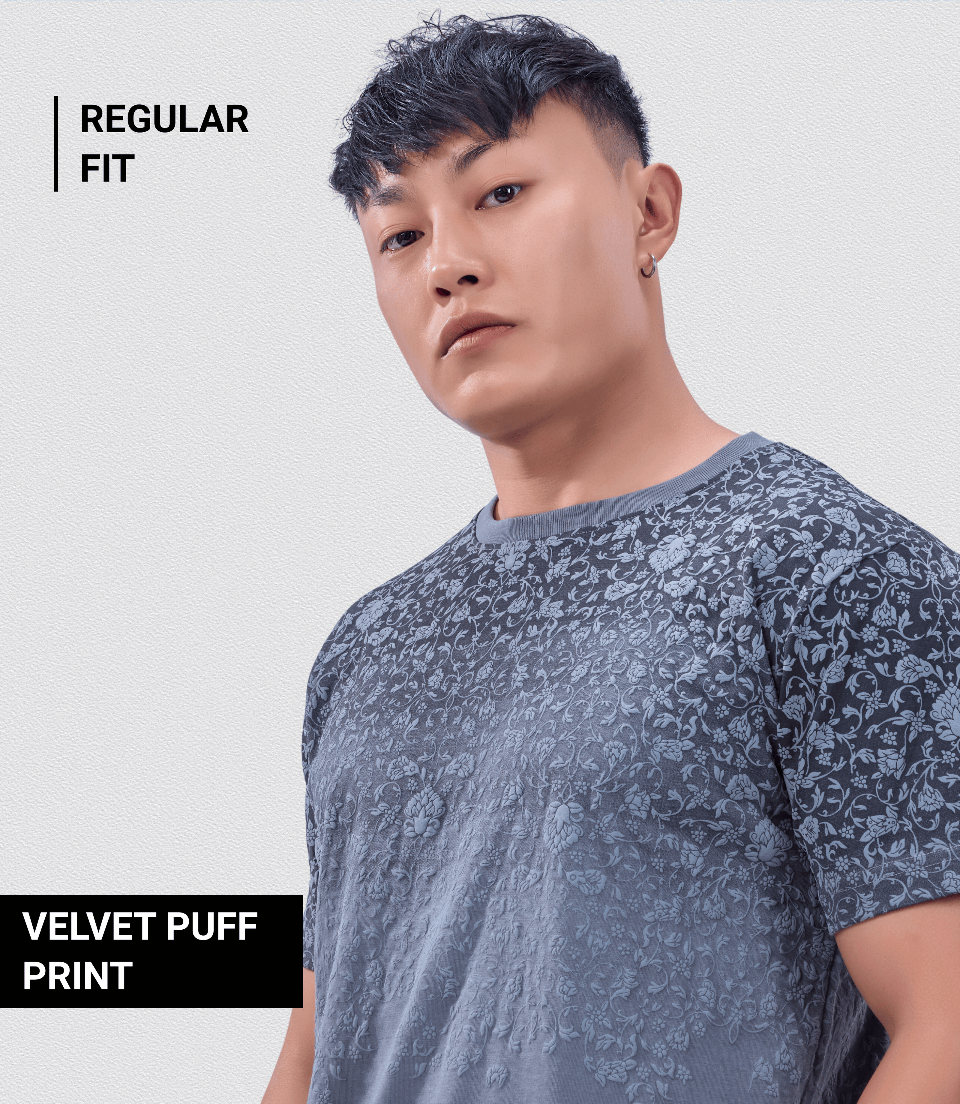 Auraa Imperial Bloom - Floral Puff Print Regular Fit T-Shirt (Grey)