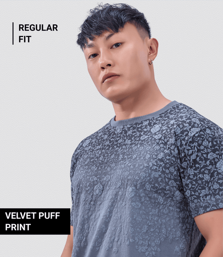 Auraa Imperial Bloom - Floral Puff Print Regular Fit T-Shirt (Grey)